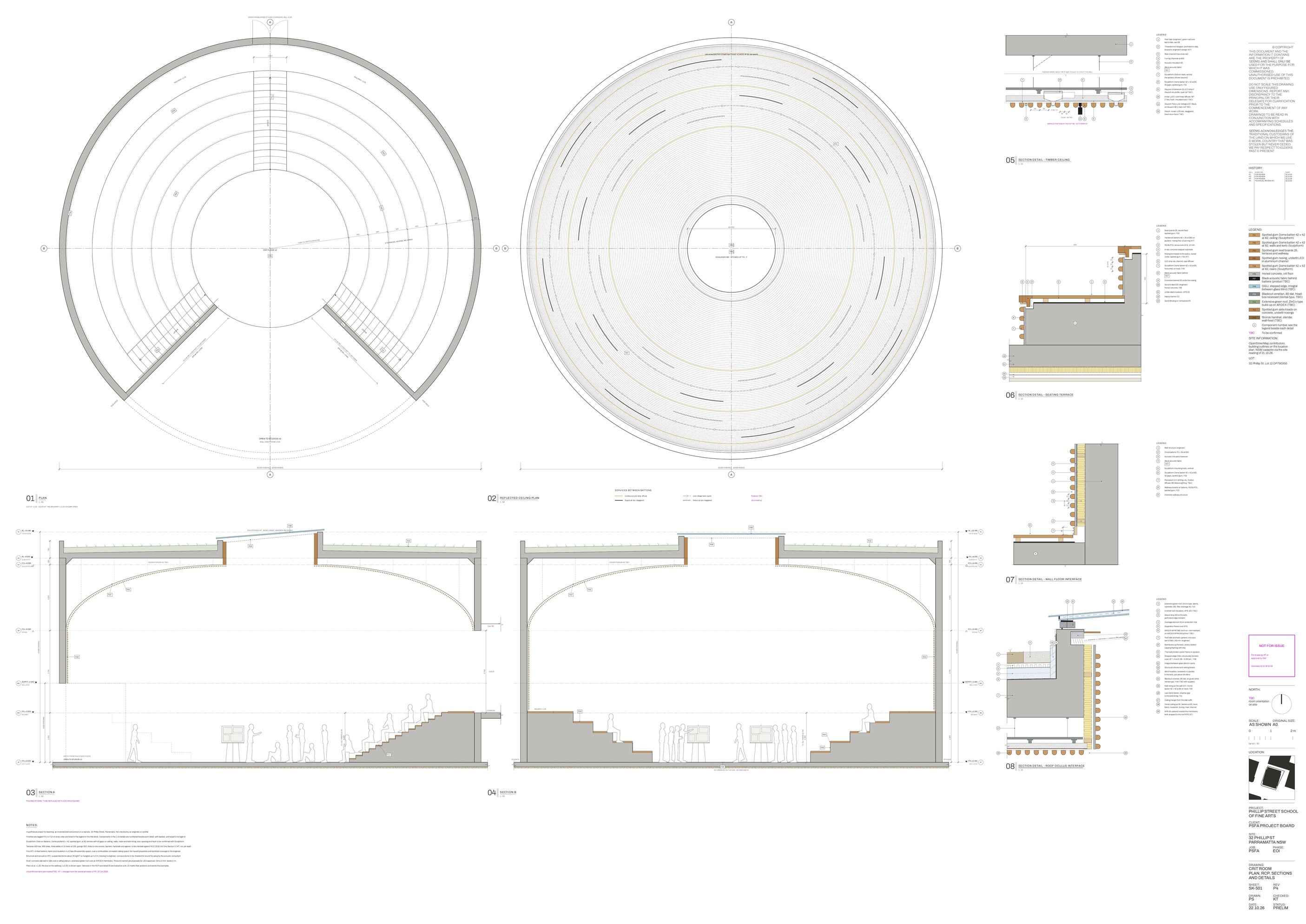 Sheet SK-501 P4: plan, ceiling plan, sections and details of the crit room